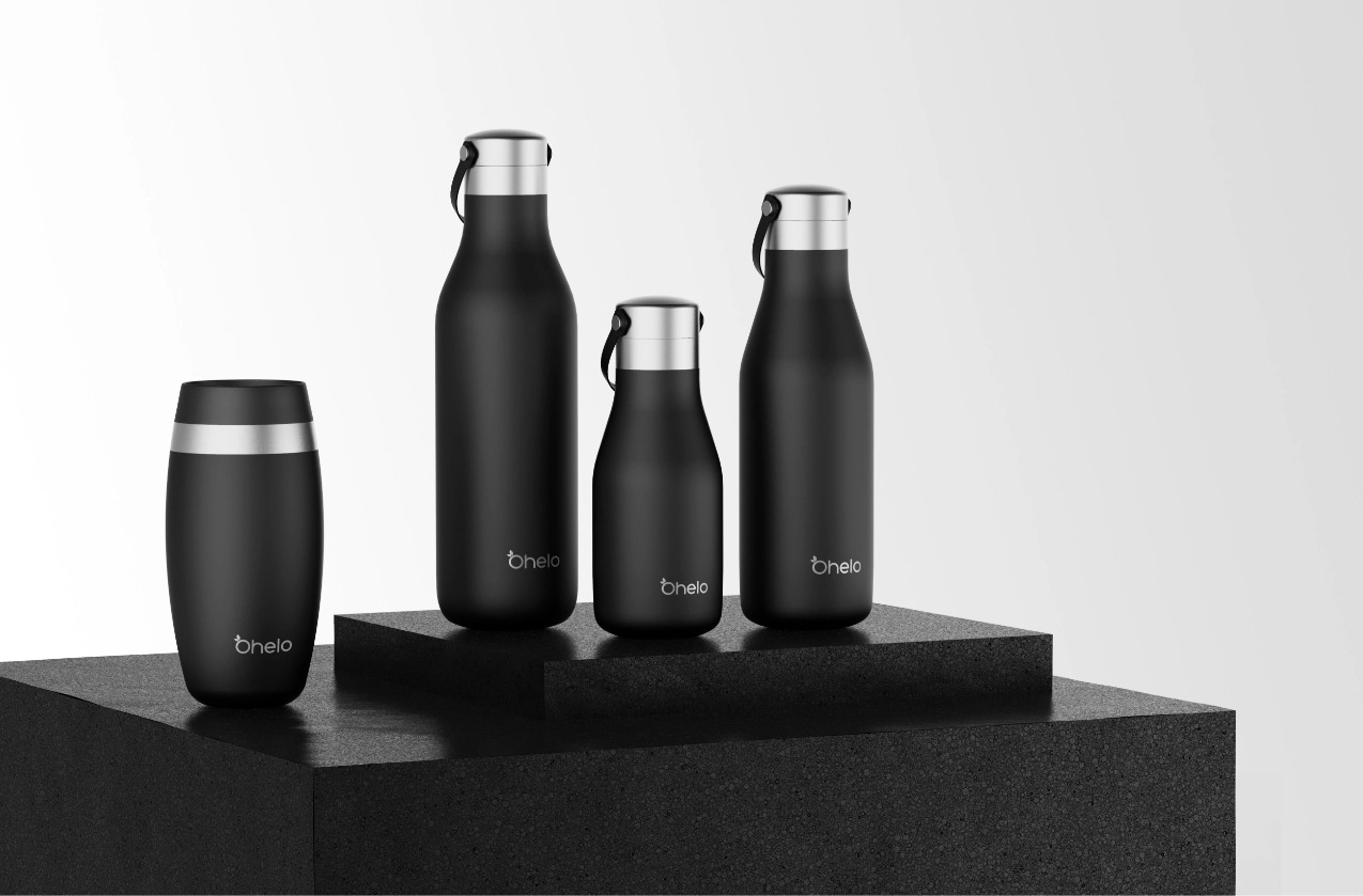 Concept render of black bottles and reusables on a plinth to show different sizes to client