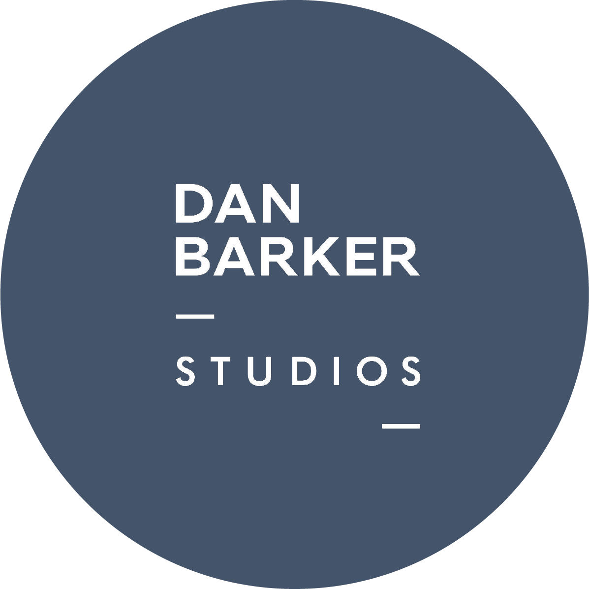 Dan Barker Studios logo in white and in blue circle