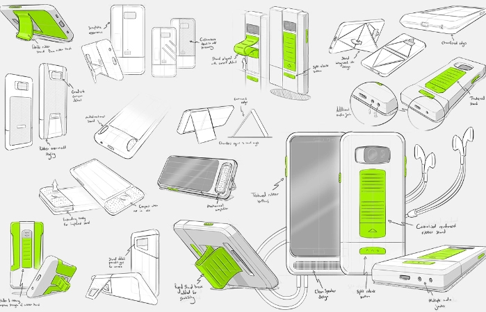 Concept development sketches of a new mobile accessory by a product designer