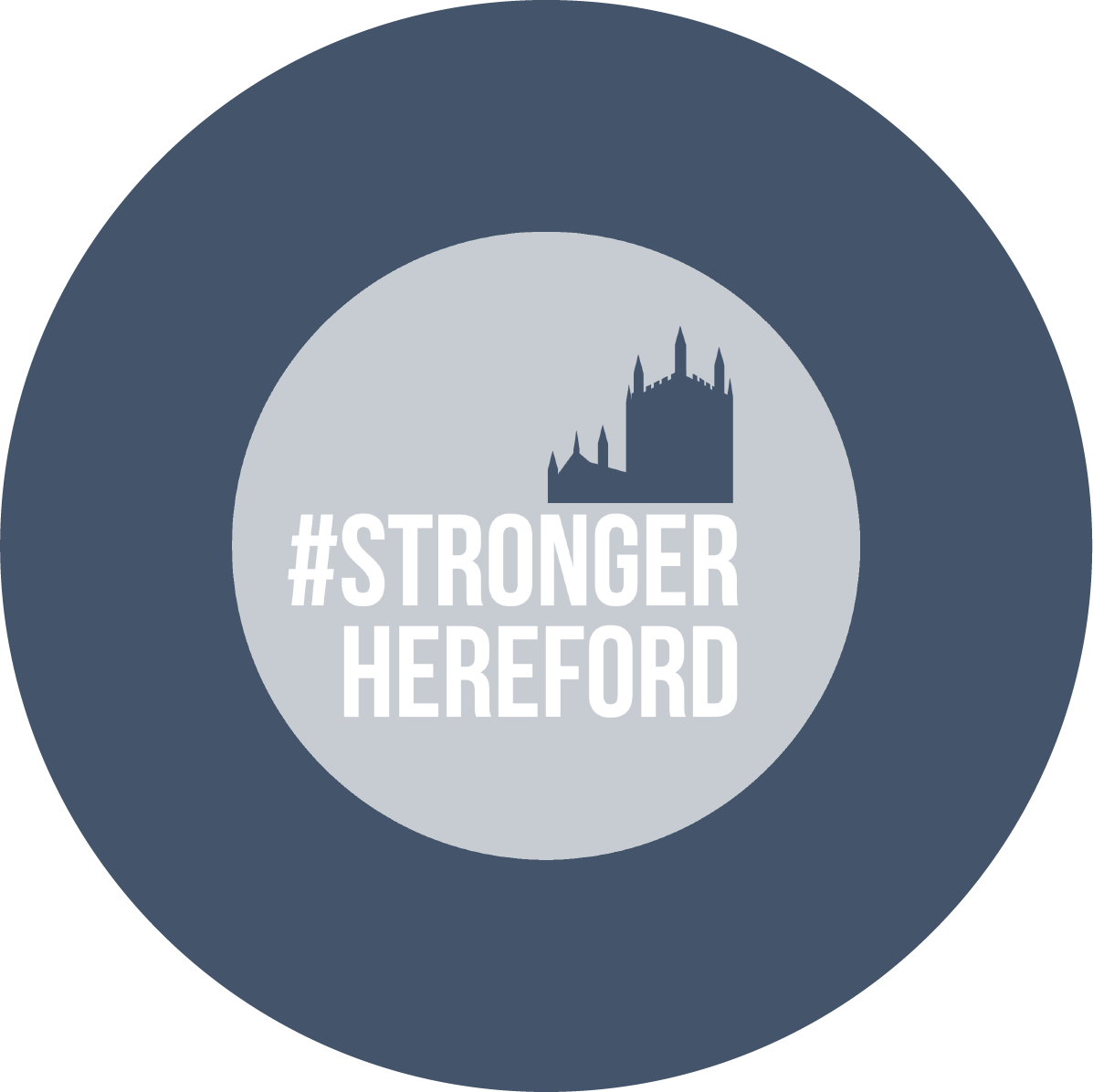 #StrongerHereford logo in white and in blue circle