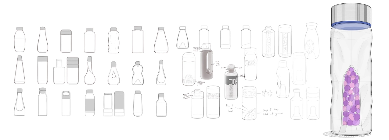 Product conceptual sketches of different shapes of the Bewater water bottle
