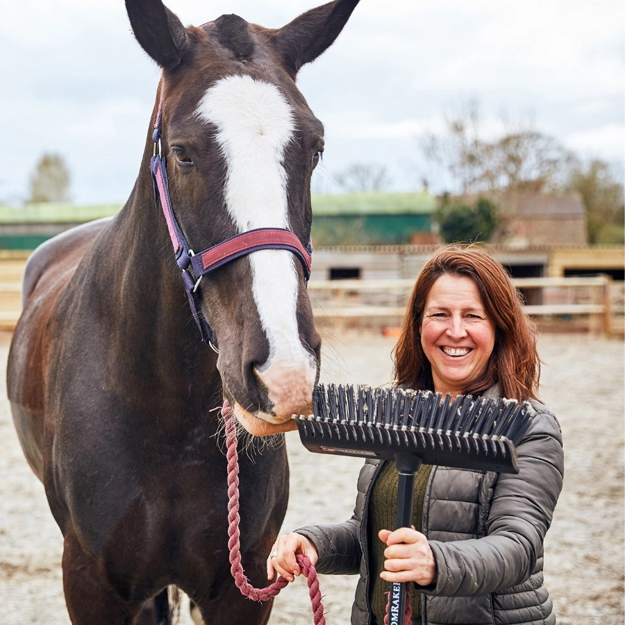 Broomraker product with entrepreneur Karen Cholerton and her horse on the farm