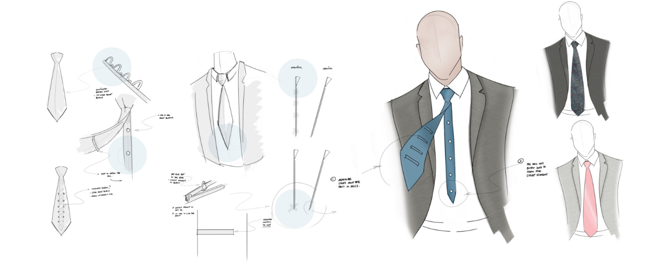Initial idea and conceptual sketches of the buttoned safety tie product