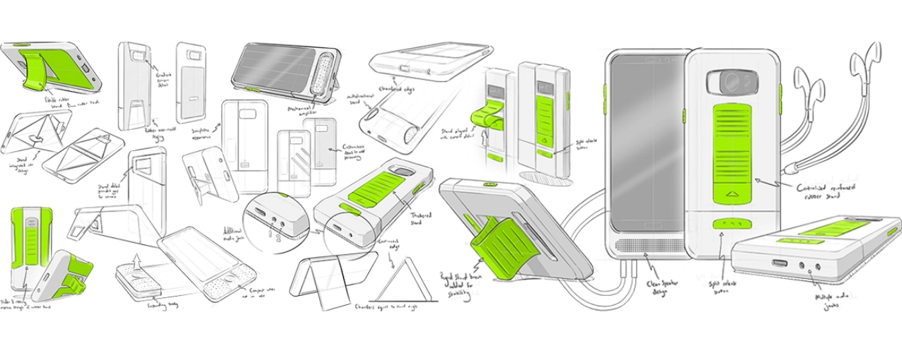 Multi media phone case early development idea sketches as conceptual stage of product design