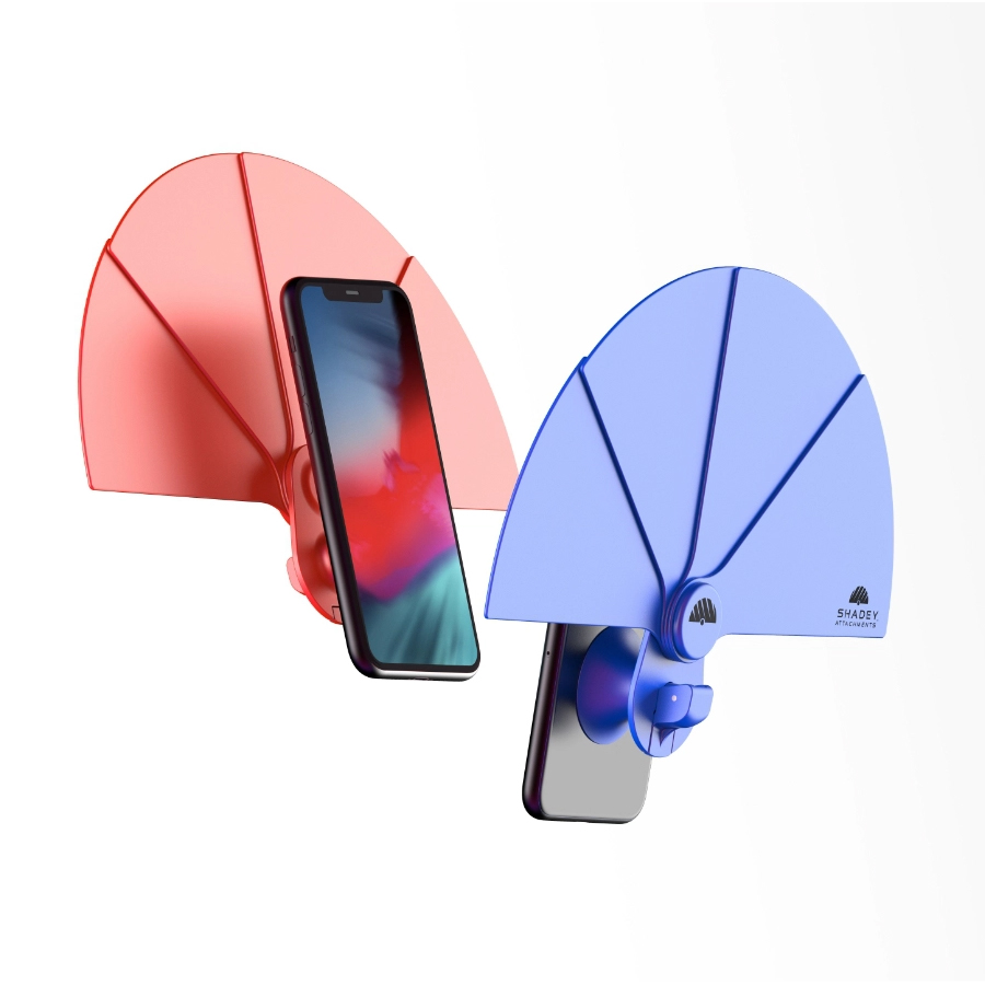Shady Attachments phone sun blocker manufactured product in red and blue designed for consumers