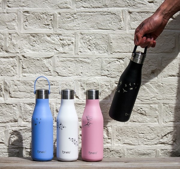 Range of blue, white, pink and black sustainable Ohelo bottles designed by Simple Design Works product design agency