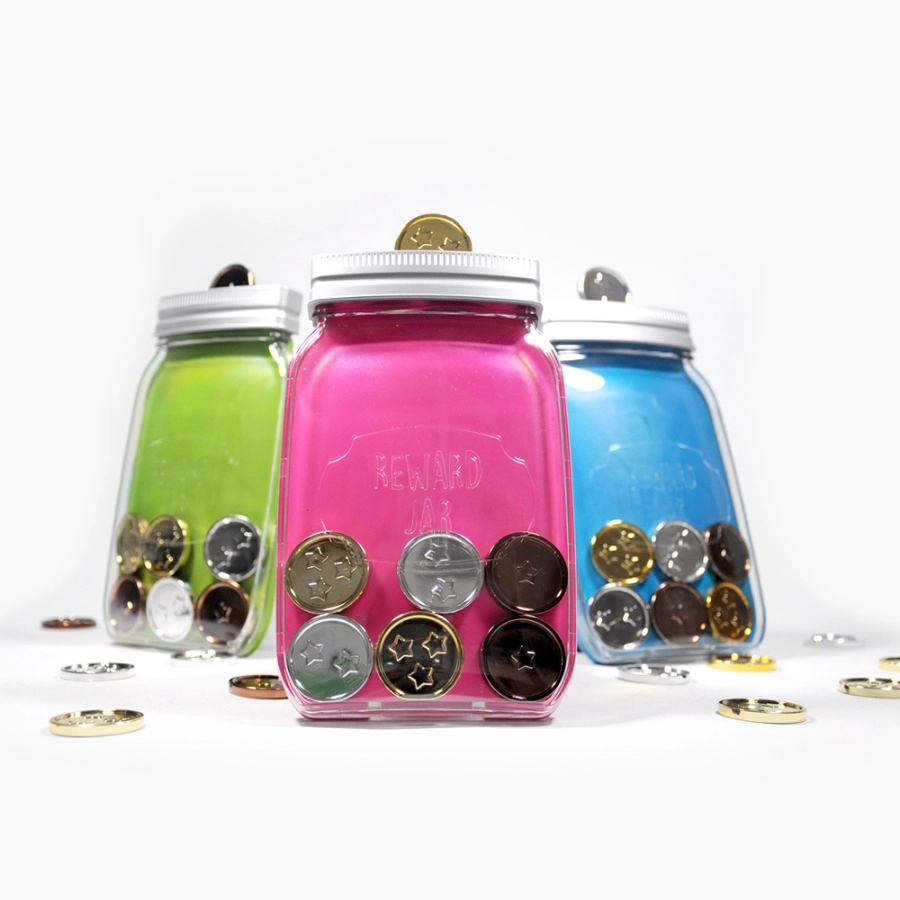 Reward jars with tokens in green, pink and blue