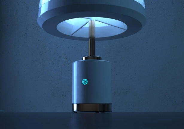 Render of smart lamp in white with blue LEDs
