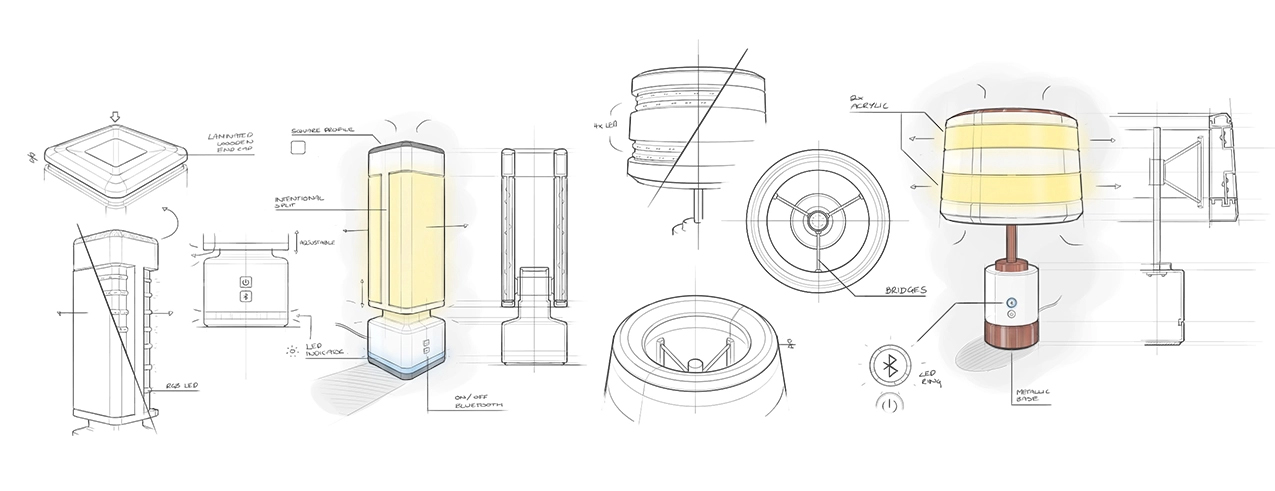 Initial concept sketches to explore shapes for a smart lamp idea