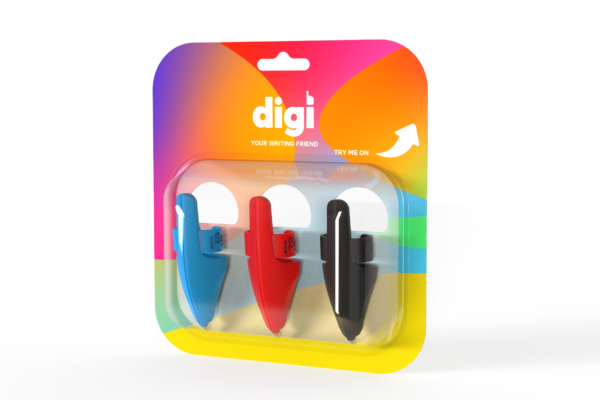 Render of three different Digi Pens in colourful and transparent packaging showing Digi brand logo