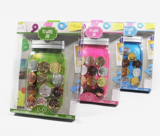 Green, pink and blue reward jar product in packaging designed by Simple Design Works for Spencer Brookes Design