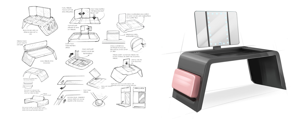 Concept development sketches for consumer product Beauty Bench designed by Midlands product design company Simple Design Works