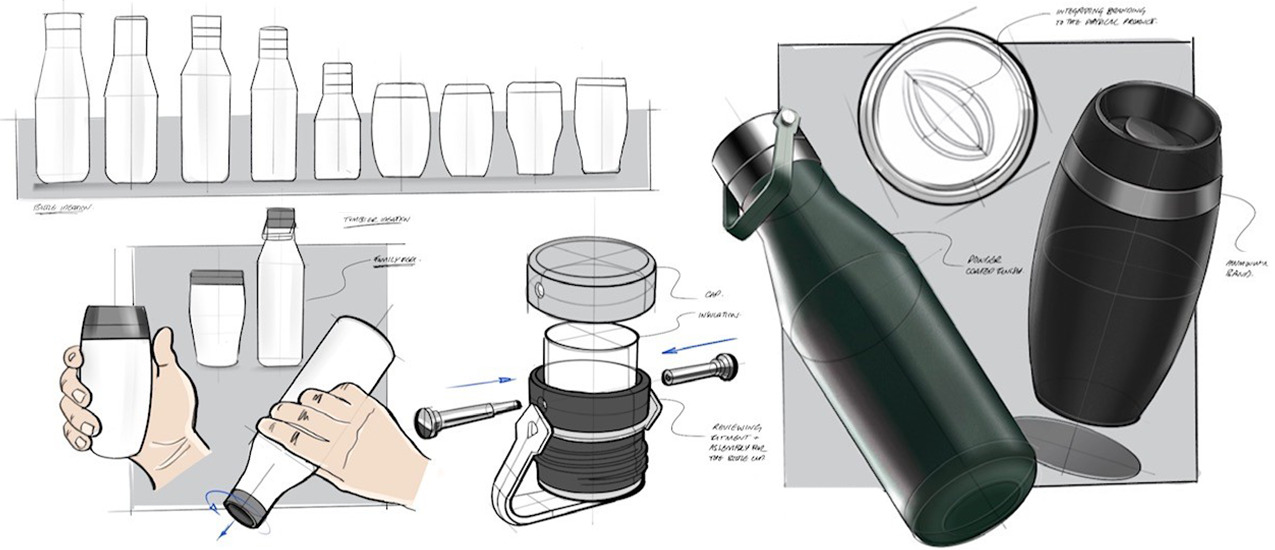 Concept development sketches during product development of the new Ohelo bottle
