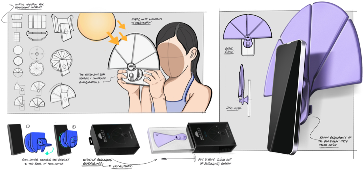 Concept development sketches for The Shadey mobile phone accessory product designed for consumers