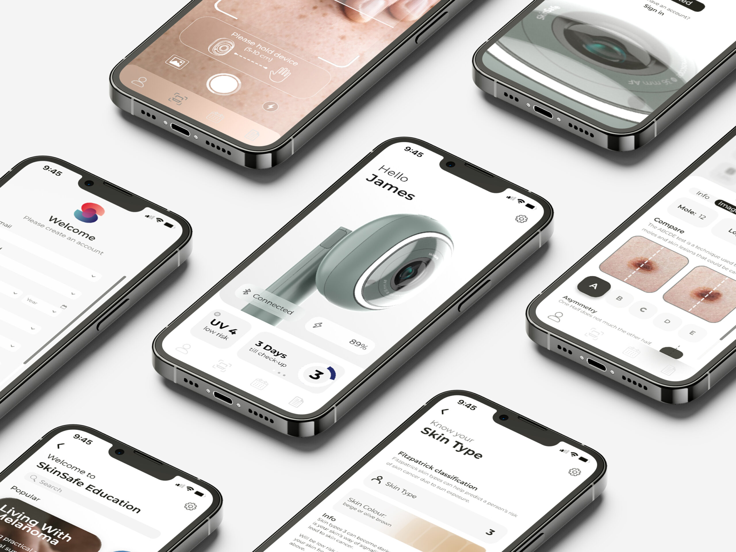 Render of the SkinSafe medical device app with visuals designed by the industrial team at Simple Design Works