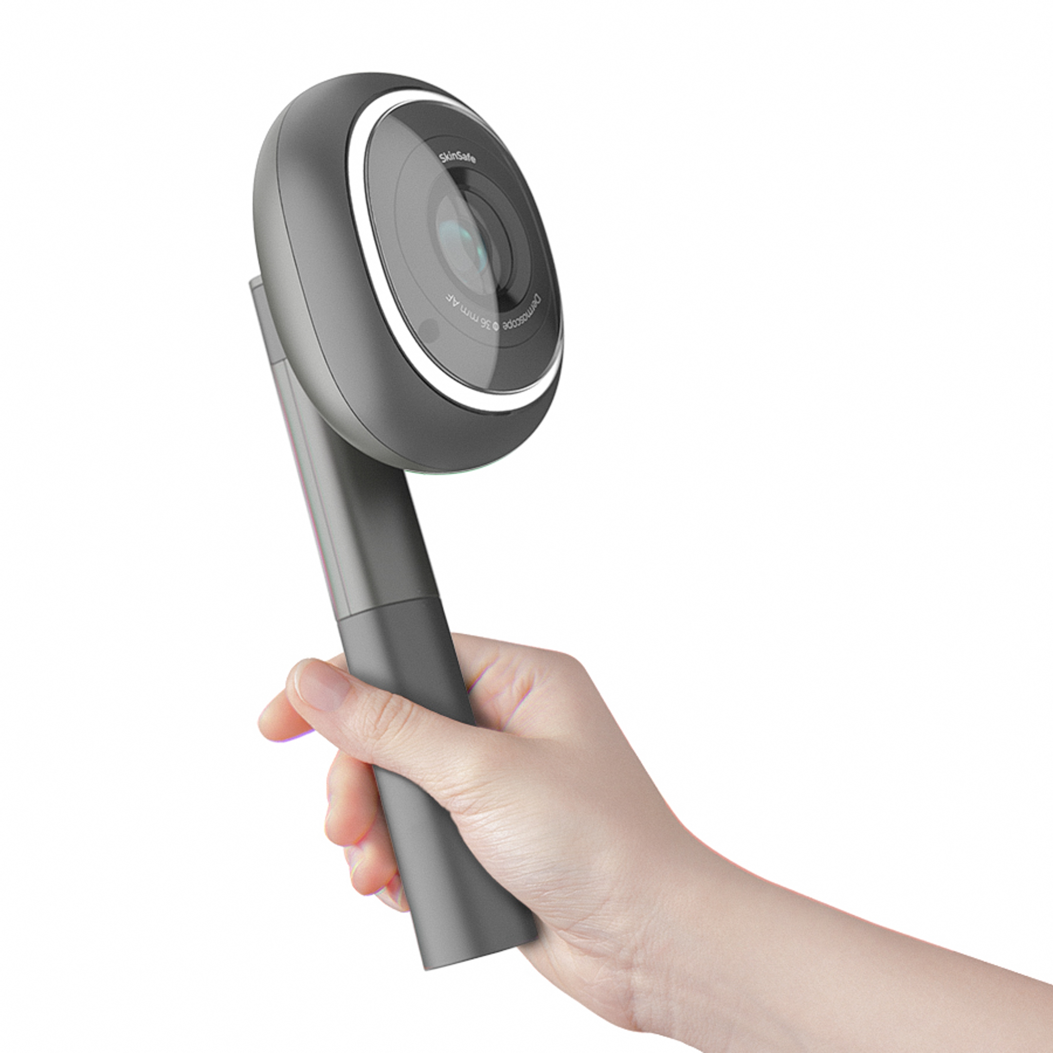 3D render of the SkinSafe medical device handle shown being handled by a person
