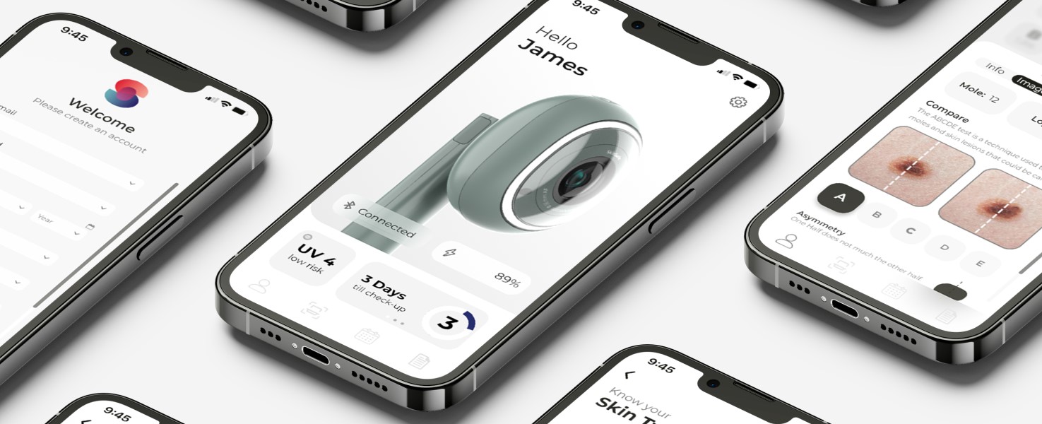 3D render of the SkinSafe medical device app with visuals designed by the industrial team at Simple Design Works