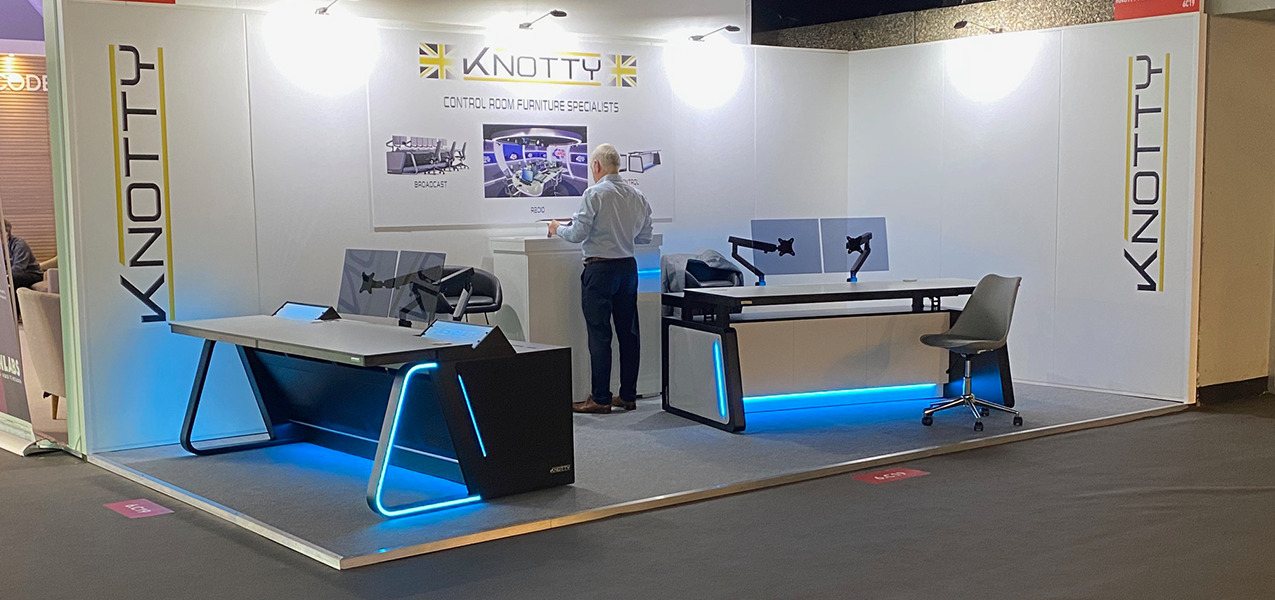 Broadcast desk and control room desk shown at international event by Knotty (furniture specialists)