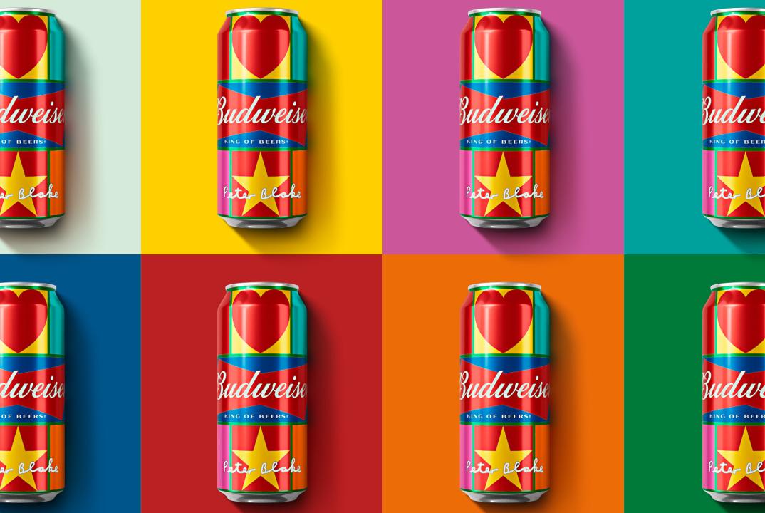 Many Budweiser x Peter Blake collaboration cans on different coloured backgrounds. Image courtesy of www.budweiser.co.uk