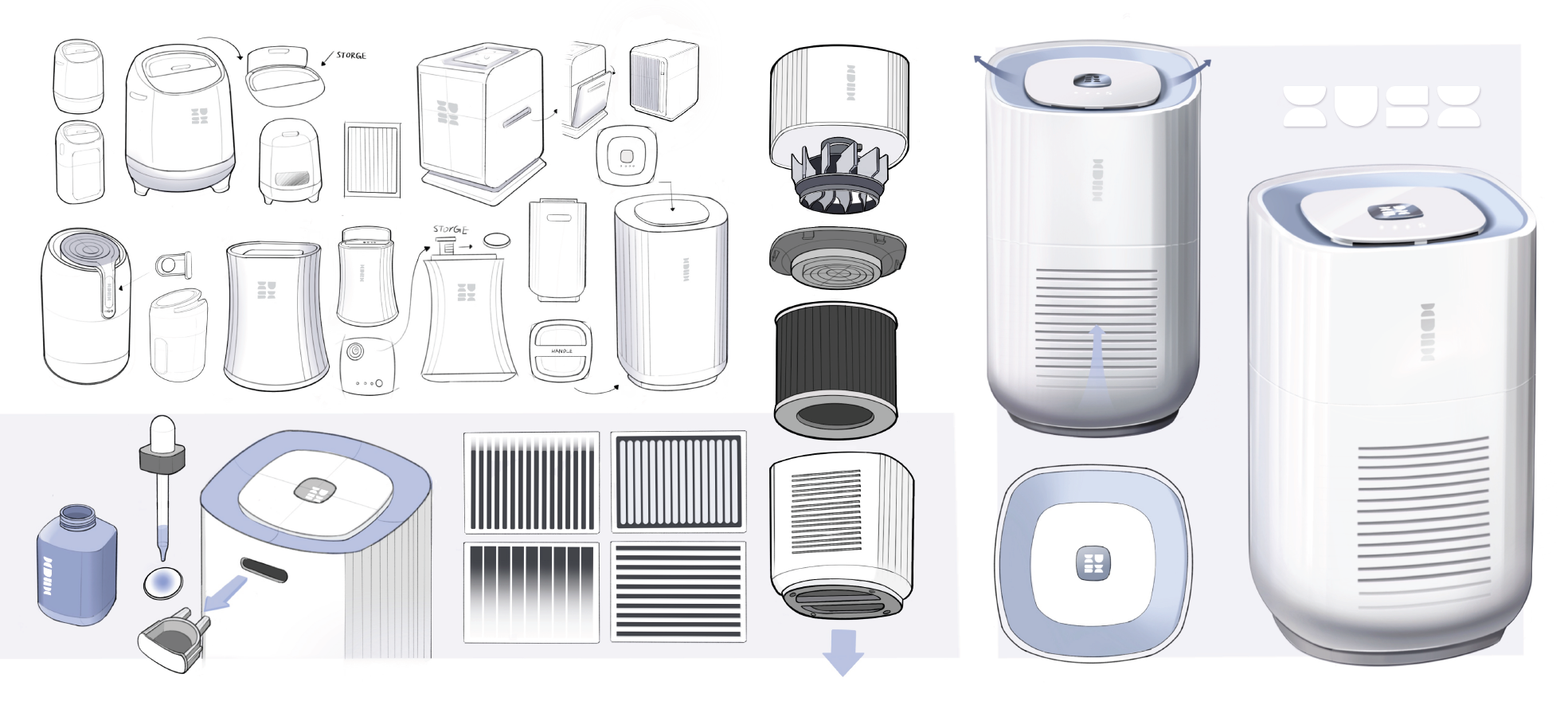 Concept drawing sketches of Hush air purifier