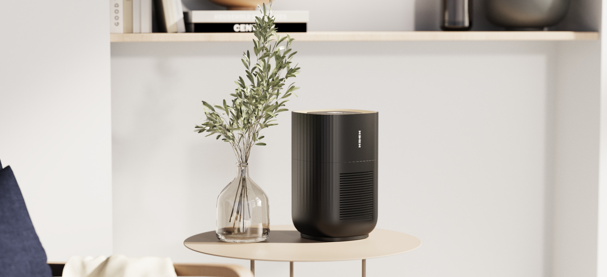 Realistic 3D render of Hush air purifier in living room next to a vase