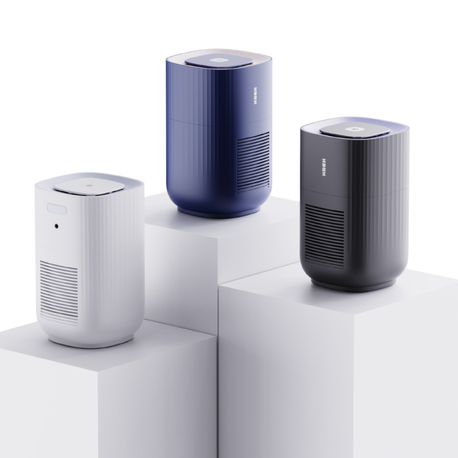 Trio of electronic Hush air purifiers on plinth