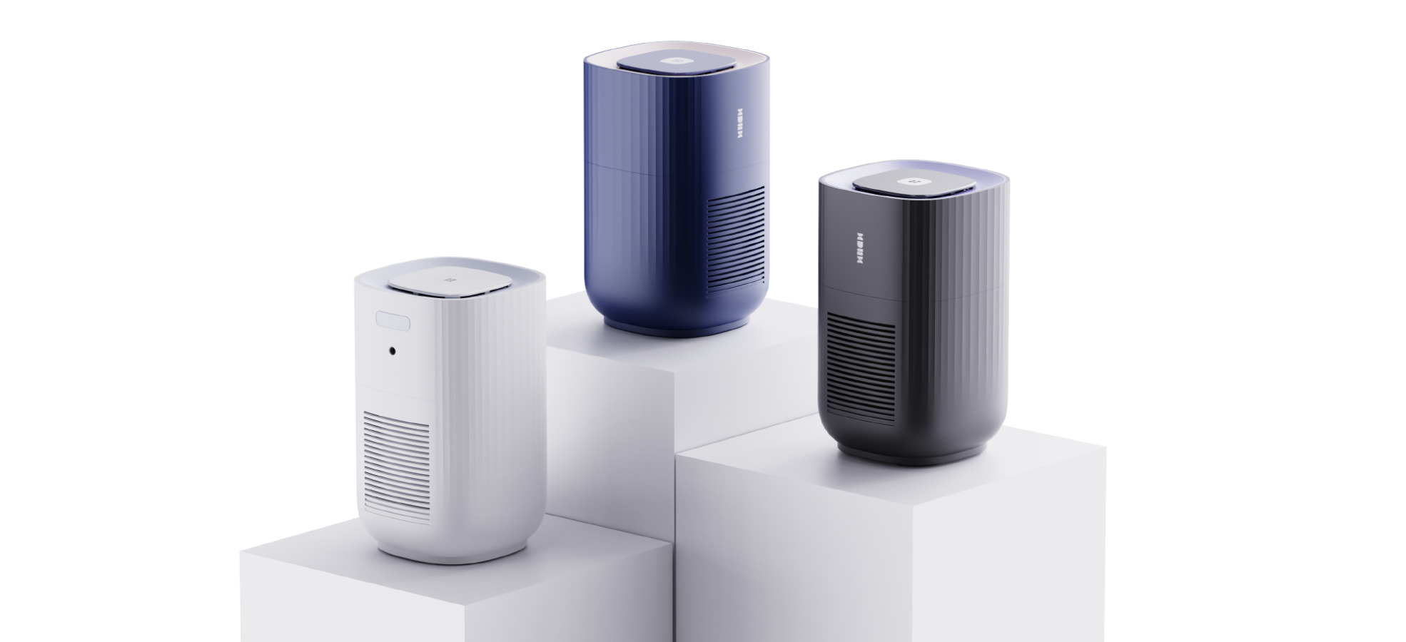 Trio of electronic Hush air purifiers on plinth